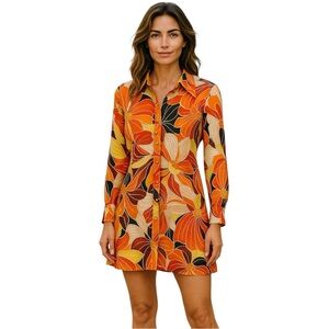 NWT River Island Size 4 Orange Yellow Multicolor Floral Button Down Shirt Dress